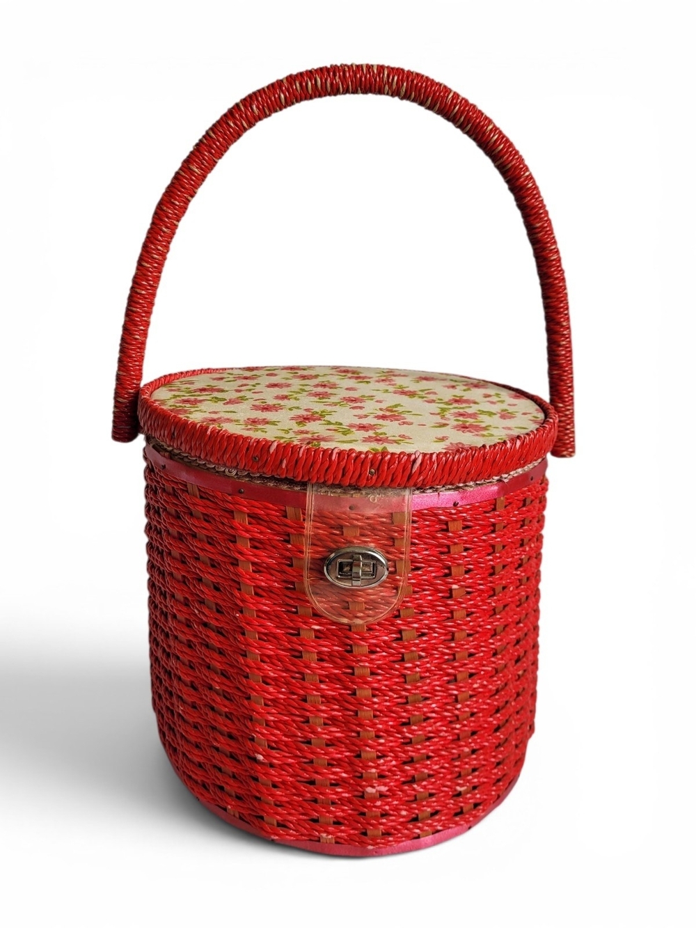 Vintage Woven Sewing Basket with Handle Red And Floral Cottagecore Grandma
